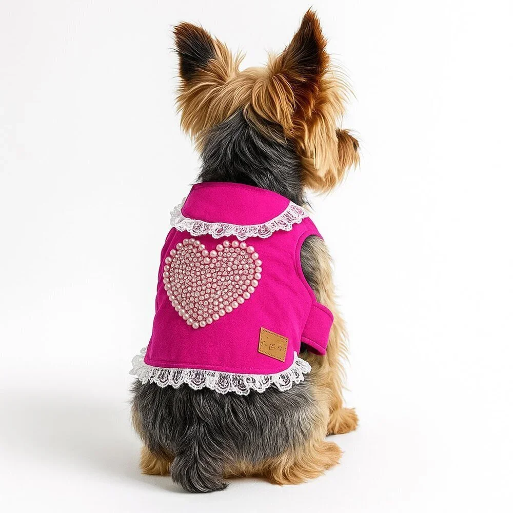 Luxury Pink Pearl Heart Dog Dress – Handmade Lace Pet Outfit XS